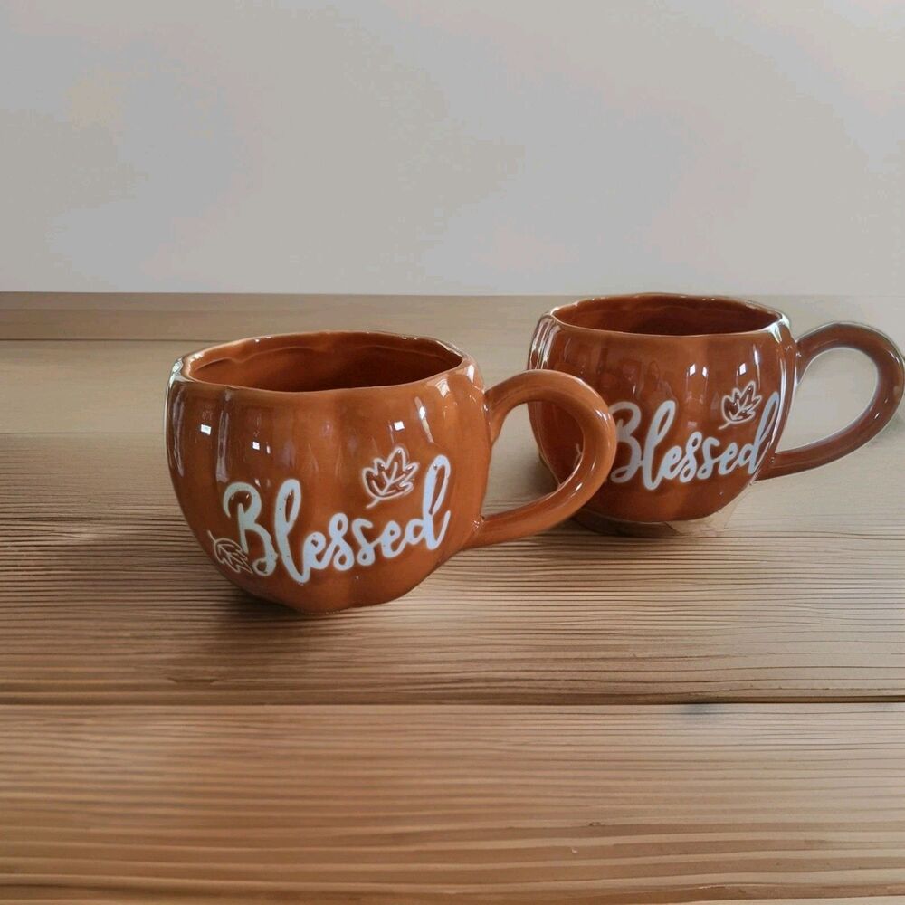 Pumpkin Blessed 16 oz Coffee Tea Mugs Lot of 2 Autumn Fall Harvest NWOT